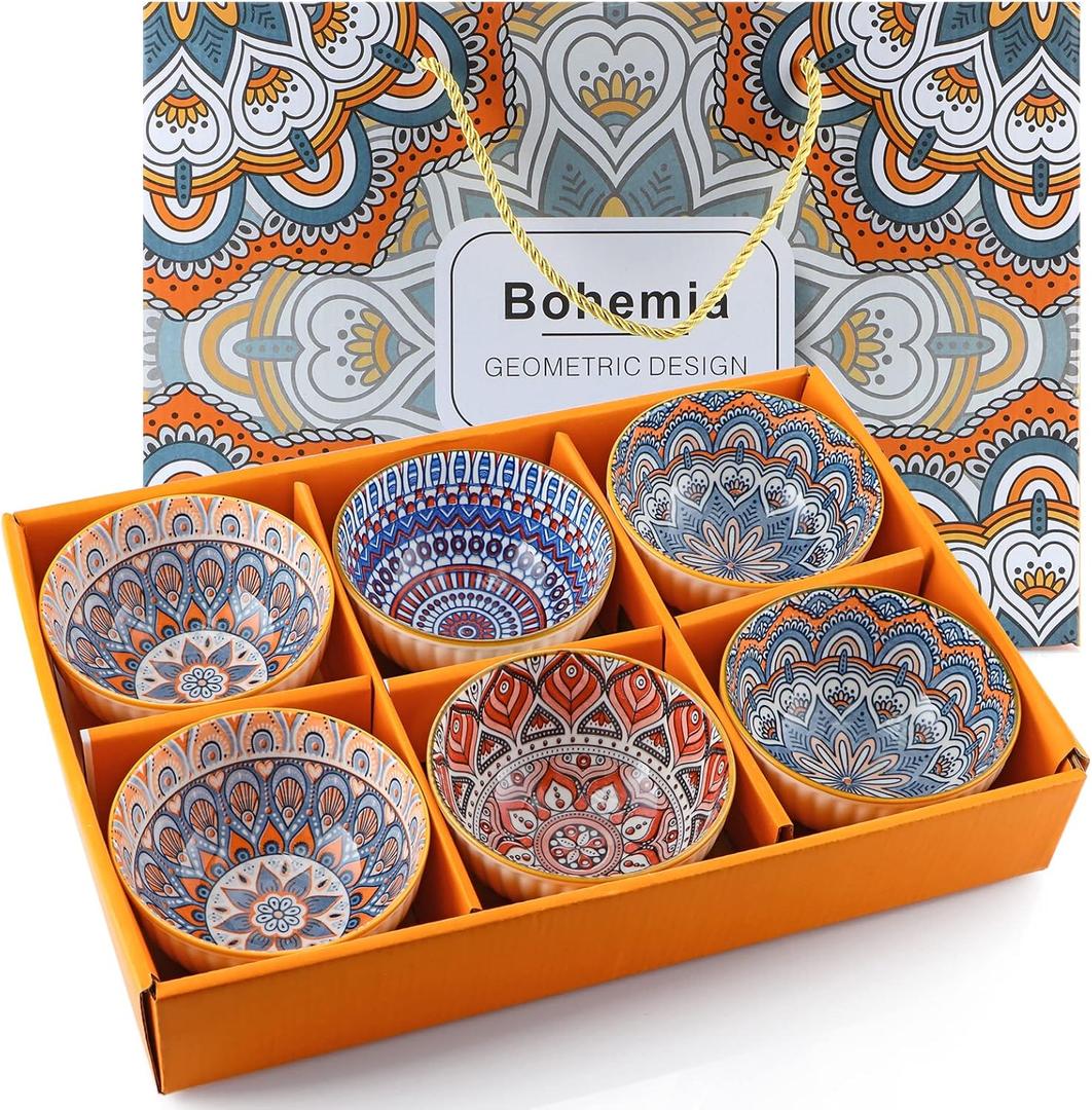 Ceramic Rice Bowls 10 oz, Bohemian Style Bowl Gift Set, Assorted Dinnerware Serving Bowls for Cereal, Soup, Dessert, Snack, Fruit, Salsa, Pack of 6 (Geometric Pattern)