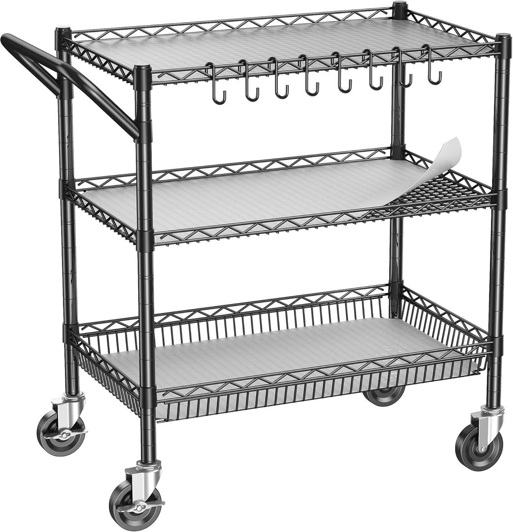 Metal Rolling Utility Carts with Wheels, 3 Tier Kitchen Carts with Storage, Steel Wire Service Cart 1050lbs with Handle, Commercial Grade Shelf Rack Trolley for Kitchen, Laundry, Grocery (Black)