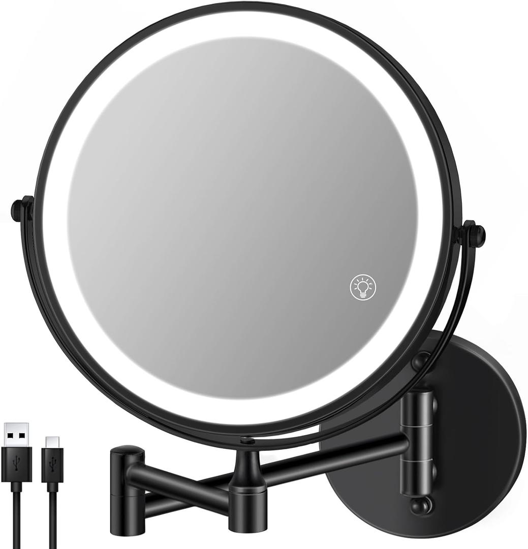 8.5'' Lighted Makeup Mirror with Magnification, Double Sided Dual Touch 1X/10X Magnifying Mirror with Lights 360Swivel Bathroom Mirror with Extendable Arm, Black