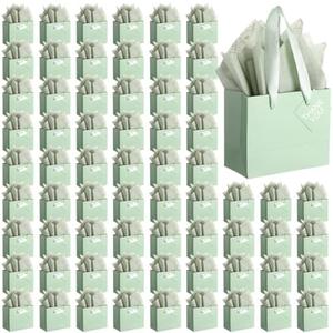 Qilery 50 Pcs Wedding Paper Gift Bags Bulk with Tissue Paper Small Gift Bags with Handle and Tags for Birthday Wedding Mothers' Day Party Business(Sage Green,4.7 x 2.4 x 3.9'')