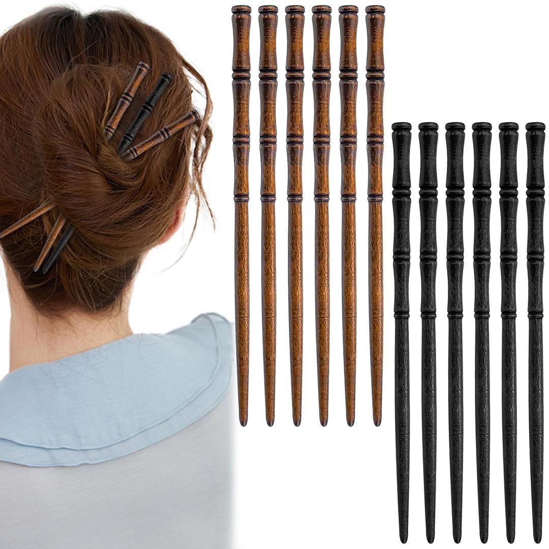 12 Pcs Vintage Wood Hair Sticks Bamboo Shape Hair Chopsticks Japanese Chinese Hairpin Decorative Retro Hair Forks Hanfu Pins Bun Holders for Long Hair Women (Black+Brown)