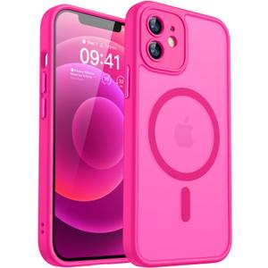 CANSHN Magnetic Compatible with iPhone 12 Case, Upgraded [Full Camera Protection] [Compatible with Magsafe] [Translucent Matte] Shockproof Protective Phone Case Cover 6.1 Inch - Hot Pink