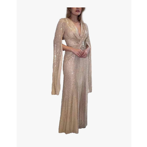 xxxiticat Women's Sequin Prom Dress Long Cape Sleeve V Neck Front Twist Knot Evening Party Wedding Slit Maxi Gown Dresses ,Size L