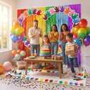 Haull 8 Pcs Rainbow Birthday Party Decorations, 3.3 x 6.6 ft Rainbow Foil Fringe Backdrop with Colorful Hands Hanging Banner Photo Booth Prop for Birthday Wedding Party Decorations