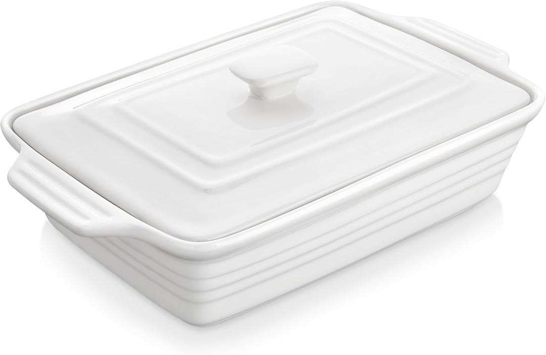 MALACASA Casserole Dish for Oven, 4.4 Qt Porcelain Baking Dish with Lid, 9x13 Baking Pan with Handles, Large Lasagna Pan Deep, Rectangular Bakeware, Microwave Safe, White, Series BAKE