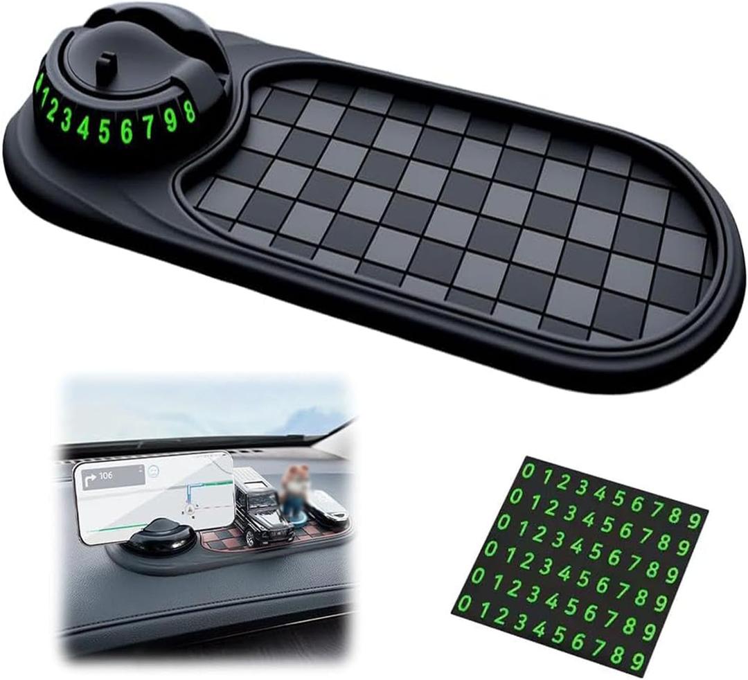 Multifunction Car Anti-Slip Mat, Car Dashboard Mobile Phone Holder, Rotating Anti Slip Mat Auto Phone Holder with Temporary Parking Number, Auto No Slip Pad for Phone, Sunglasses, Key (Gary+Black)