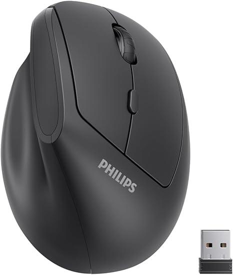 Philips Ergonomic Mouse - Vertical Mouse with 800/1200/1600 Adjustable DPI, 6 Silent Buttons Design for S/M Hands, Auto Power Saving, Light Weight, 2.4GHz Wireless Mouse for Laptop, Desktop, PC-Black