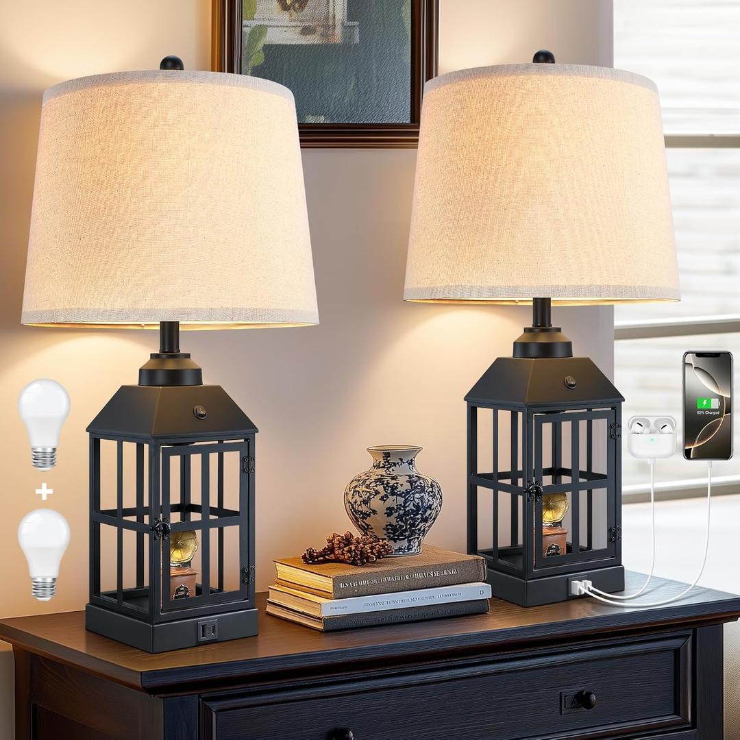 25" Farmhouse Table Lamps for Living Room, Black Lamps Set of 2 with USB Port and Nightlight, Rustic Table Lamp for Bedroom, Bedside Lamp for Nightstand, End Table, Home, Office, LED Bulbs Included