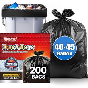 Teivio Large Black Trash Bags 40-45 Gallon 200 Counts Multipurpose Trash Bags,39,40,42,44,45 Gal,Heavy Duty Garbage Bags,For Industrial, Commercial, Construction, Outdoor, Lawn, Leaf, Can liners