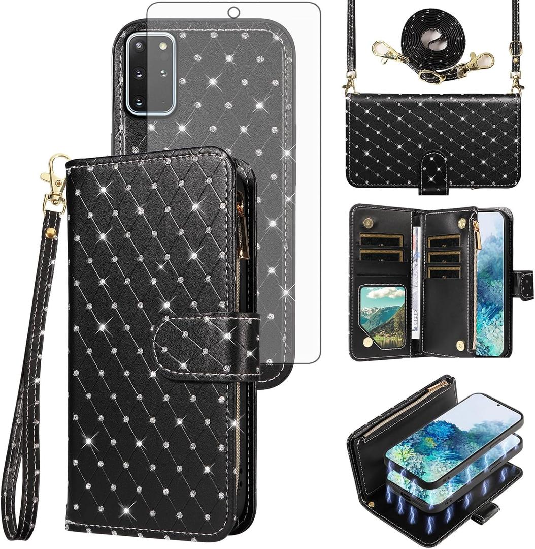 Asuwish Compatible with Samsung Galaxy S20 5G 6.2 inch Wallet Case Zipper Detachable Cell and Screen Protector Crossbody Strap Glitter Flip Card Holder Phone Cover for S 20 20S UW S2O G5 Women Black