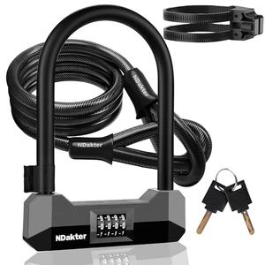 NDakter Bike Locks Heavy Duty Anti Theft, 18mm Bicycle Combo U Lock, 4-Digit Resettable Large Combination Lock with 5FT Steel Cable and Bracket, for Electric Scooter, Ebike, Motorcycle (Gray)