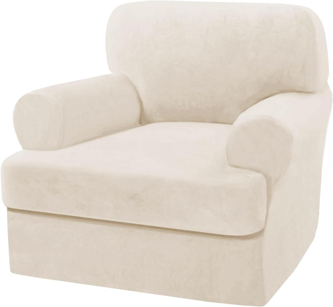 H.VERSAILTEX Sofa Cover 2 Piece T Cushion Armchair Slipcovers Thick Velvet Couch Cover Furniture Protector Stretch T Cushion Sofa Covers for 1 Cushion Couch with 1 Individual T Cushion Covers, Ivory