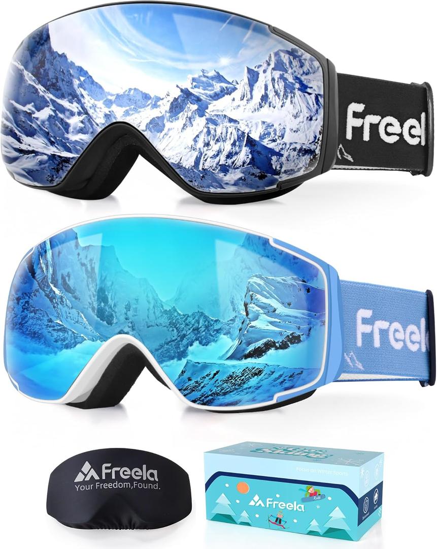 Freela Kids Ski Snowboard Goggles for Toddler(3-14) Youth Anti Fog Anti UV Goggles Girls Boys Snow Skiing Equipment (Silver Lens 10% Vlt & Blue Lens B 30% Vlt)