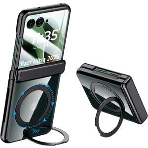 for Motorola Razr Ultra 2025 Clear Case with Hinges Protection & 360 Spin Magnetic Ring Stand & Built-in Screen Protector Electroplated Frame Ultra-Thin Anti-Fall (Razr Ultra 2025, Black)