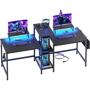 Furologee 2 Person Gaming Desk with LED Lights, 71 Inch Computer Desk with Power Outlets and Monitor Stand, Double Desk with Storage Bag and Headphone Hooks, Study Writing Table for Home Office, Black (Black Carbon Fiber)