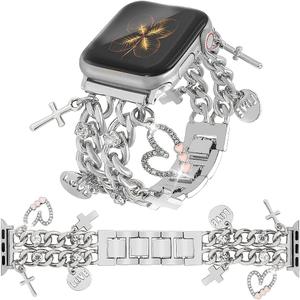 YONWORTH Cuban Chain Band Compatible with Apple Watch Bands 38/40/41/42/44/45 46 49mm Women,Bling Diamond Chain Dressy Metal Wristband Cute Charms Pendants for iWatch Series 10 9 8 7 6 5 4 3 SE Ultra
