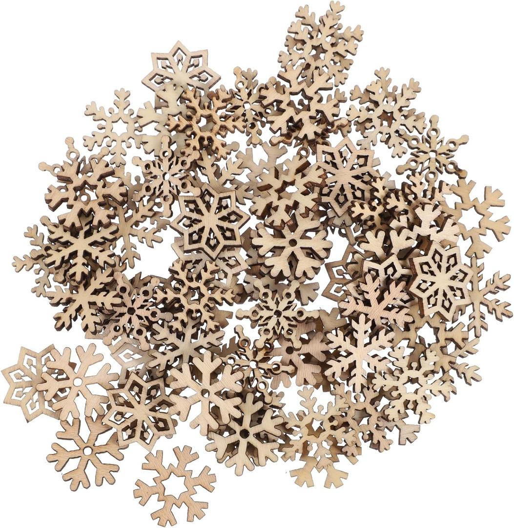 2 x 100pcs Assorted Pattern Wooden Pieces Christmas Snowflake Cutouts Craft Embellishments DIY Decorative Accessories Manual Ornament for DIY Art