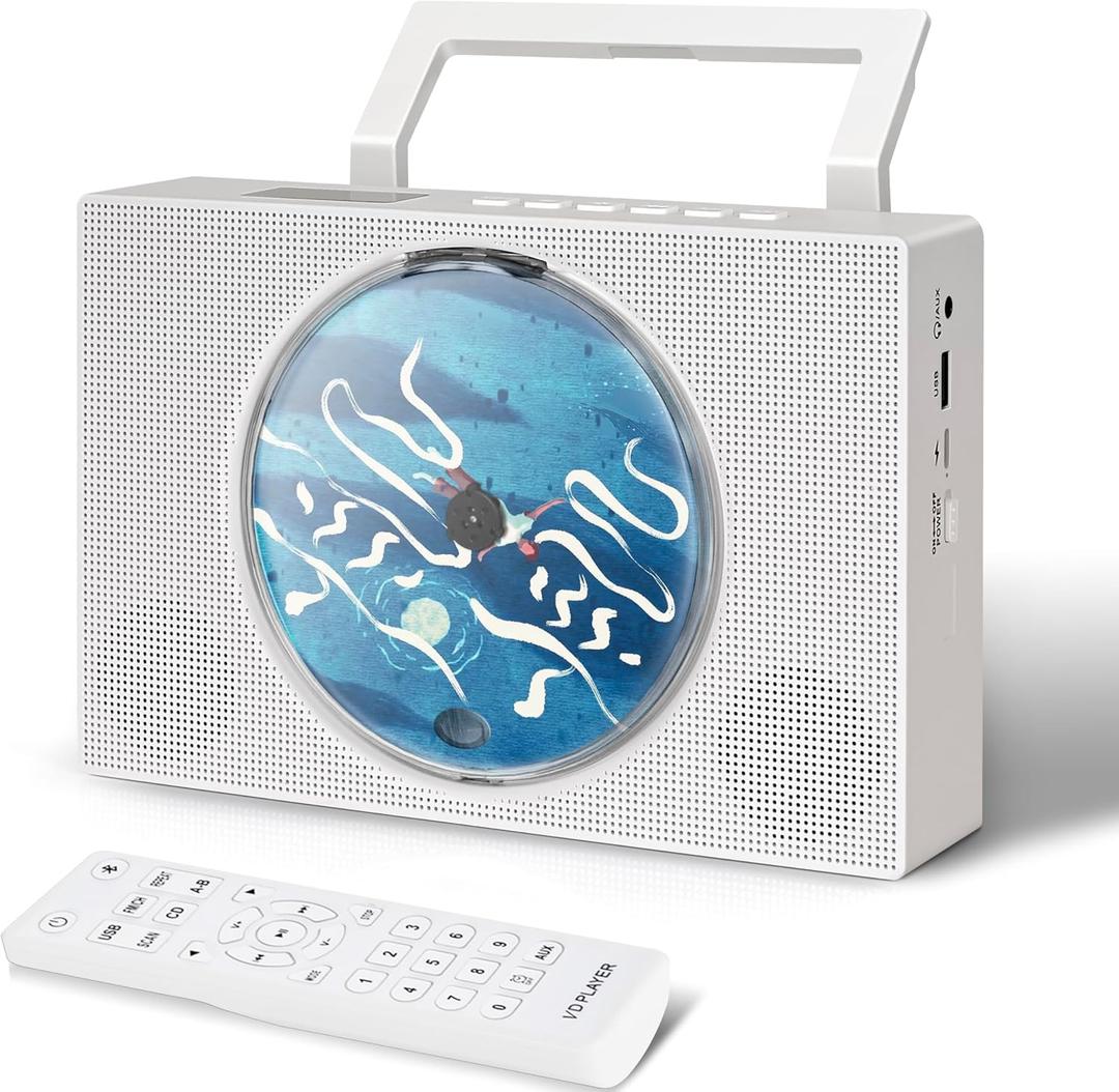 Portable CD Player with Bluetooth Built-in Dual Speakers, Desktop Wall Mounted Handheld CD Players for Home with Remote Control Support AUX/USB, FM Radio, Timer, Headphone Jack for Kids