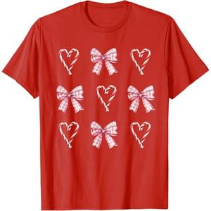 Heart Candy Cane Pink Bow Christmas T-Shirt, Medium