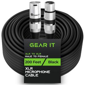 GearIT XLR Microphone Cable (200 Feet, 1 Pack) - XLR Male to Female, Balanced Shielded Mic Cable for Mixer, Studio, Podcast - Black, 200Ft, 1 Pack