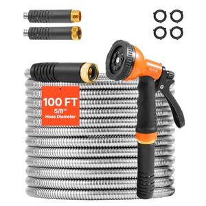VEVOR Garden Hose Metal 100FT – Heavy Duty Stainless Steel Water Hose, Flexible, No Kink & Tangle, Puncture Resistant & Rust Proof, Lightweight w/ 10-Function Spray Nozzle for Yard, Outdoor, Gardening