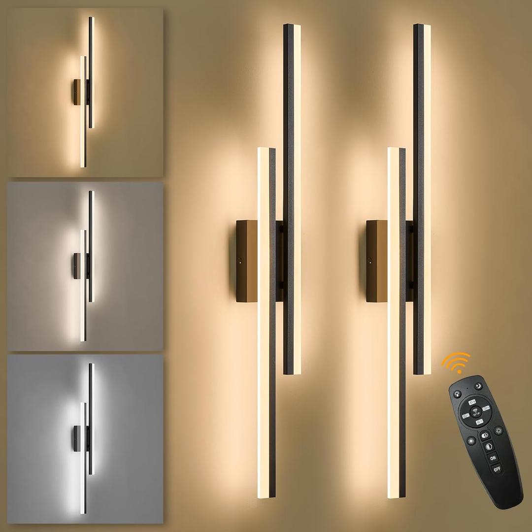 LED Wall Sconce Set of 2 Black Remote Modern LED Vanity Lights Set of 2 Indoor Wall Light Fixtures for Living Room, Dimmable Wall Sconce for Bedside Bedroom Bathroom, L31.5inch 2 Pack, 32 inches