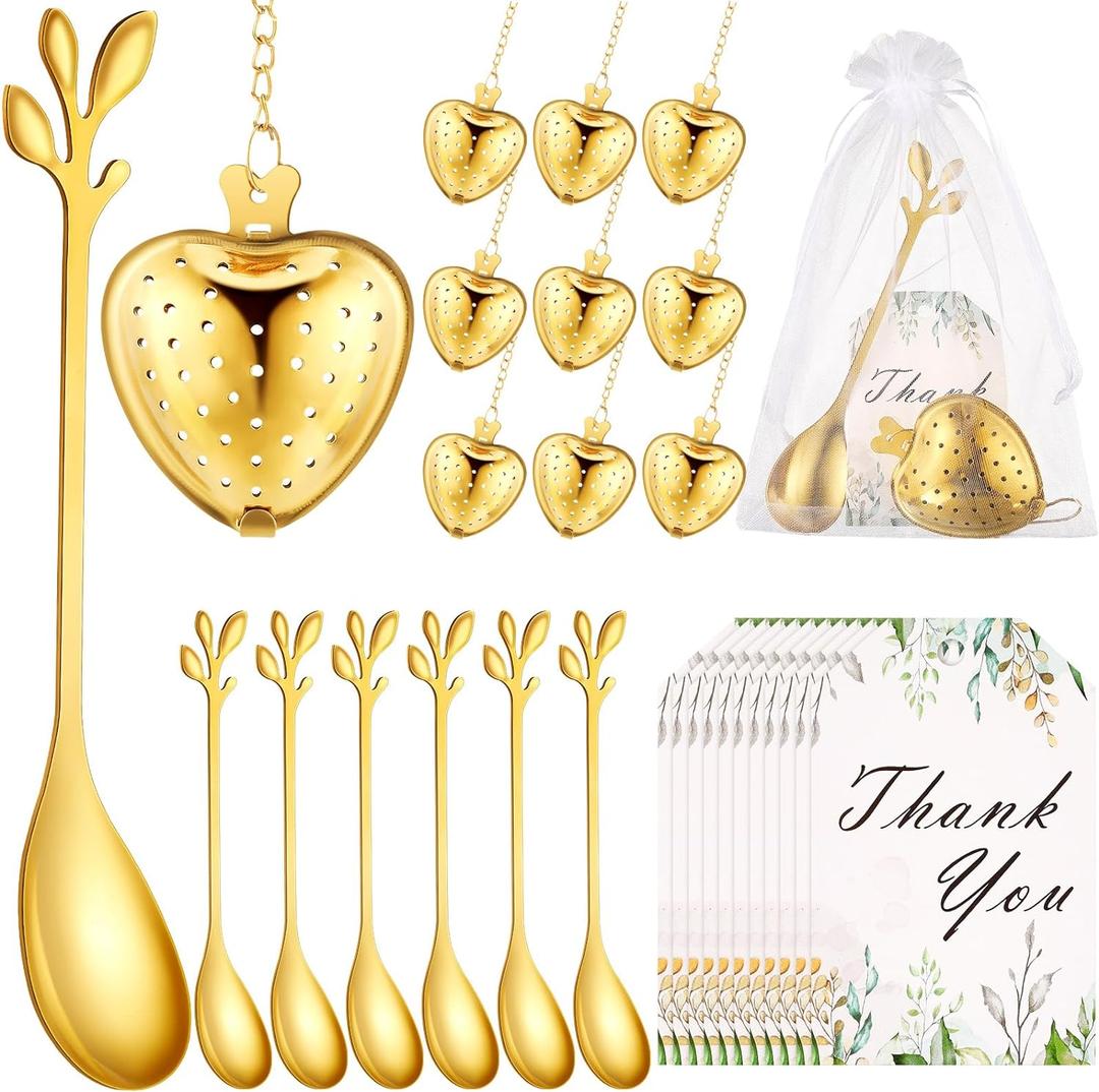 25 Sets Bridal Shower Tea Party Favor for Guest Leaf Tea Spoon Heart Shape Infuser Ball for Loose with Thank You Card Organza Bag Wedding Souvenir Gift, Gold