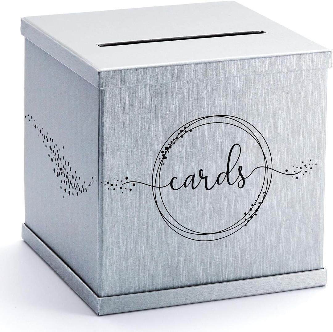 Silver Card Box, Large 10 Gift Card Holder, Gray & Black Envelope Box, Wedding Reception, Funeral, Birthday, Graduation Party, Retirement, Quinceanera, Sweet 16, Bridal & Baby Shower, Money Basket