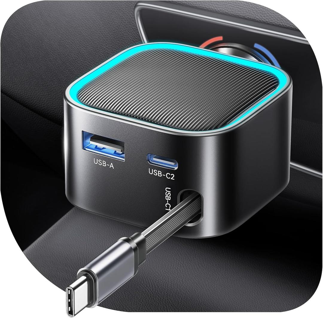 Retractable Car Charger USB-C,Rocoren 57W Type C Fast Car Charging [Ultra-Compact Mini] with Cord Cigarette Lighter Adapter Car Accessories for iPhone 17 16 15 Samsung S25 Ultra Pixel Android
