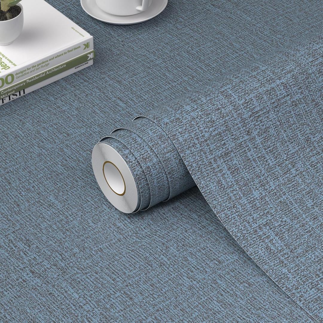 WADILE Grasscloth Peel and Stick Wallpaper 15.7in x 393.7in, Textured Contact Paper for Cabinets, Faux Linen Wall Paper Pull and Stick, Fabric Vinyl Wallpaper Self Adhesive Navy Blue