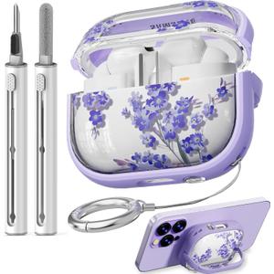 with Safety Lock for Samsung Galaxy Buds Pro 3 Case & Galaxy Buds 3 Case Cover with Cleaner Kit and Keychain, Soft TPU Cute Floral Earbuds Pro 3 Case for Women Girly - Purple Flower (C1-Purple Flower)