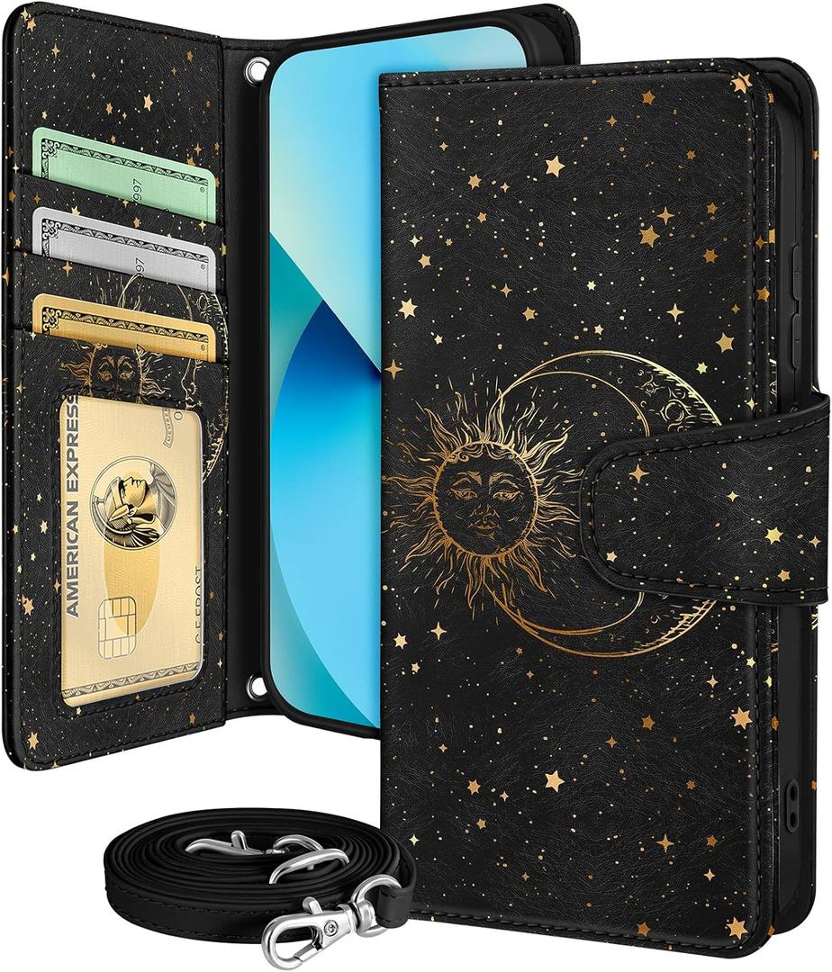 Buleens for Samsung Galaxy S23 Plus Wallet Case for Women - with Card Holder S23 Plus Flip Case Leather Crossbody Cute Aesthetic Galaxy S23+ Case with Strap Kickstand for Girls Girly, Black Sun Moon