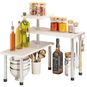 BMOSU Kitchen Corner Shelf Countertop Organizer with Hooks Adjustable Spice Rack Corner Display Rack Shelf Cabinet Counter Shelves(White) (White+Silver Legs)