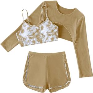 Verdusa Girl's 3 Piece Tie Dye Swimwear Bathing Suit Swimsuits Bikini and Shorts with Cover Up (Brown)