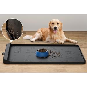 Dog Food Mat - Silicone Dog Mat for Food and Water - 36" x 24" Large Pet Feeding Mats with Residue Collection Pocket - Waterproof Cat Bowl Mat with High Edges to Prevent Water Food Spills (Black)