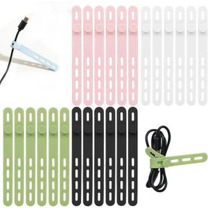 Donruby Silicone Cable Ties - Reusable & Washable with Locking Buckles, Adjustable Fastening Cable Management Straps, Multi-Purpose High Elasticity Cord Organizer (4 Colors) (Black/White/Pink/Green)