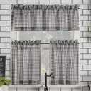 No. 918 Parkham Farmhouse Plaid Semi-Sheer Rod Pocket Kitchen Curtain Valance and Tiers Set, 54" x 24", Black/White