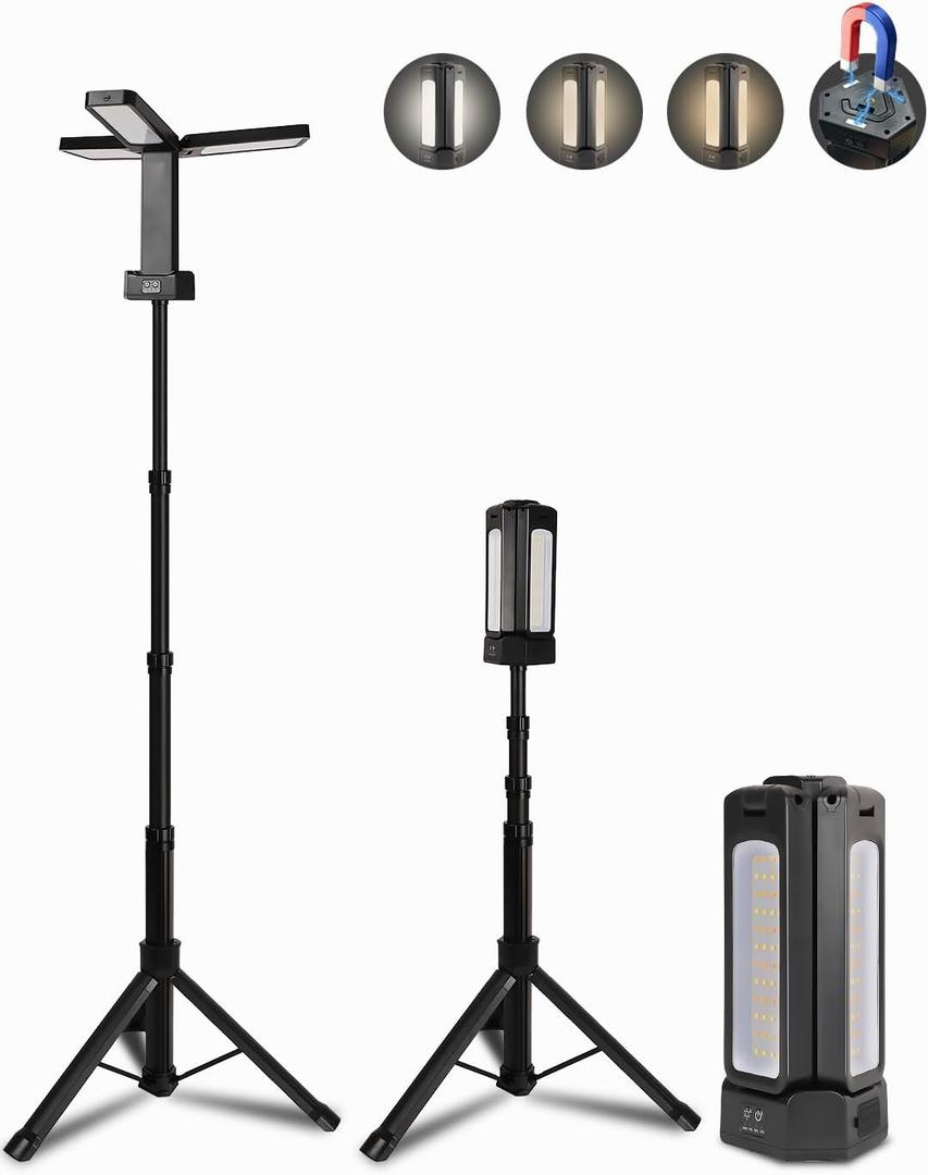 12000mAh Rechargeable LED Work Light with 74.8" Tall Stand, 2000/2500/3000 Lumens, Portable Cordless Work Light, 3000K/4500K/6000K Dimmable Camping Light with Detachable Tripod, Bag Included, Black