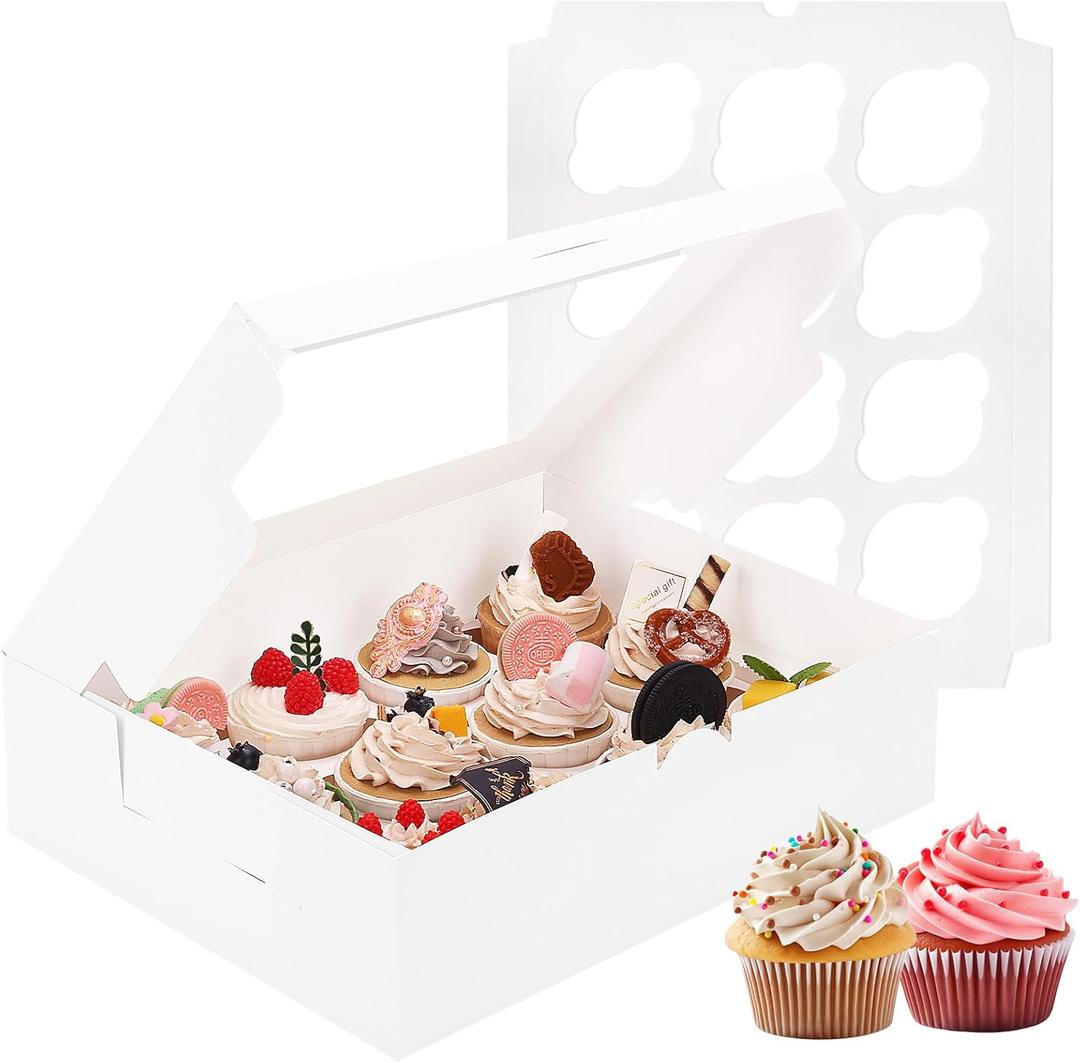 Moretoes 60PCS Cupcake Boxes with Window,Hold 12 Count Graduation Cupcake Containers for Grad Party Dessert Packaging (White)