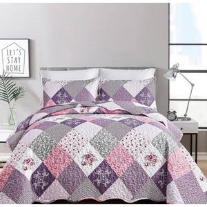 Dinjoy Purple Quilt Set Twin Size, Reversible Floral Plaid Patchwork Pattern Bedding Set Soft Microfiber Lightweight Bedspread 3 Piece Spring Summer Fall Use (68x86 inches)