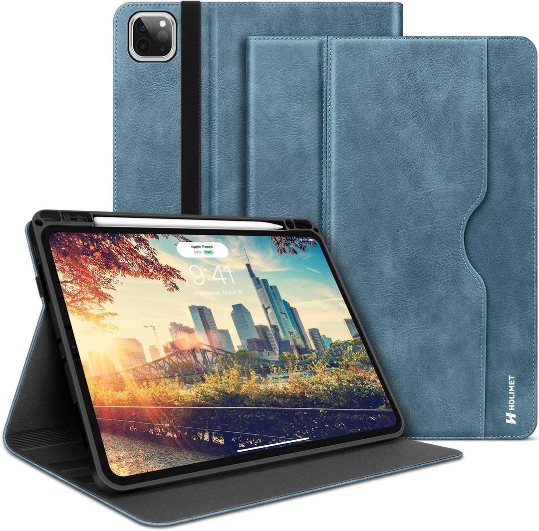 H HOLIMET Case for iPad Pro 11 inch 2022 4th/3rd/2nd/1st Generation 2021/2020/2018 with Pencil Holder PU Leather Protective with Pocket Strap Soft TPU Back Shockproof (Blue)