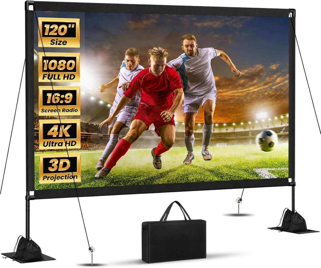 120inch Projector Screen with Stand: Portable Projector Screen Outdoor Indoor Front/Rear16:9 4K HD with Carry Bag Sandbag- Movie Screen for Backyard Moive Night, Camping, Theater