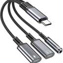 USB-C to 3.5mm Headphone and Charger Adapter, 3 in 1 Dual Type C Aux Splitter Charger Headphone Jack Dongle Cord Compatible for iPhone 15/16/17 Pro/Max/Plus, iPad, Samsung Galaxy S23/S24 Ultra (Grey)