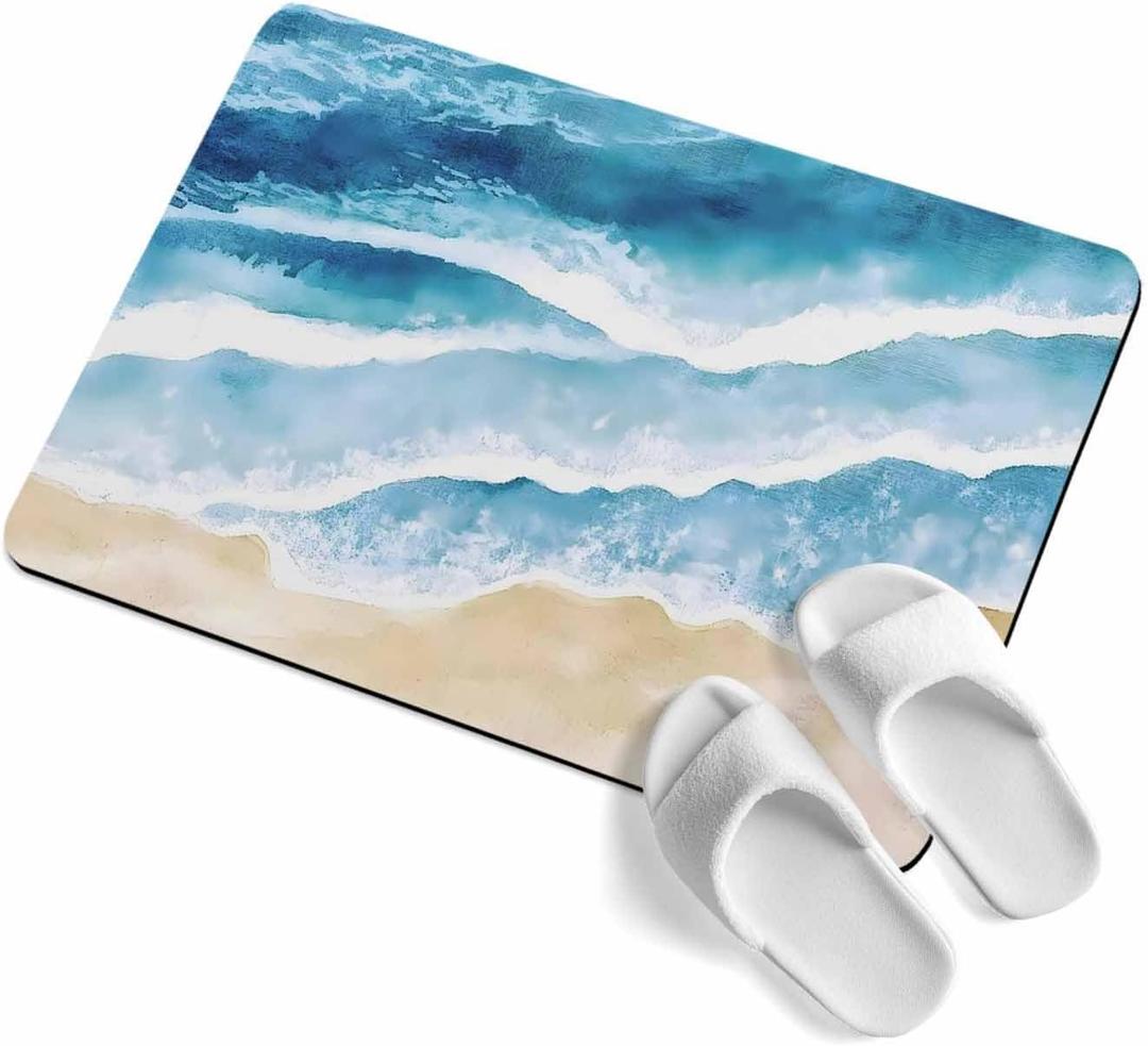 Bathroom Rug Absorbent Bath Rug, Summer Beach Blue Ocean Kitchen Doormat Non-Slip Diatomaceous Earth Bath Mat, Seaside Waves Water Ripple Quick Dry Shower Mat Bath Rugs 16x24in