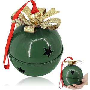 Christmas Large Jingle Bells, 6 inch Jumbo Christmas Decorative Bells for Tree Mantel Indoor Outdoor Metal (Green)