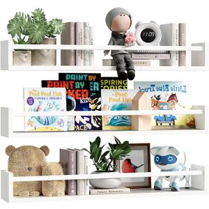 Fixwal Nursery Book Shelves, 23.6 Inch Floating Bookshelf for Wall, Set of 3, Nursery Decor, Solid Wood Wall Mounted Shelves for Books, Toys and Decor Storage (White), 23.6in*4.5in*3.93in