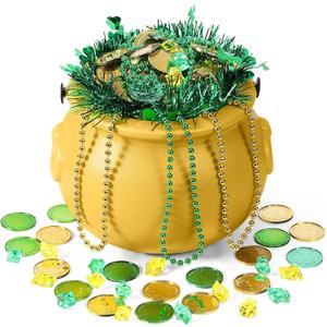 Sratte 308 Pcs St Patrick's Day Candy Cauldron Kettle with Handle Set Pot of Gold Shamrock Gold Green Coin Gem Leprechaun Clover Necklace Lucky Plastic Jewelry Treasure (Gold, 7.87 x 5.91 in) (Gold Pot)