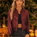 Allegra K Women's Halloween Jacket Sparkly Crew Neck Long Sleeve Holographic Lightweight 90S Shiny Metallic Bomber Jackets X-Large Red (L)