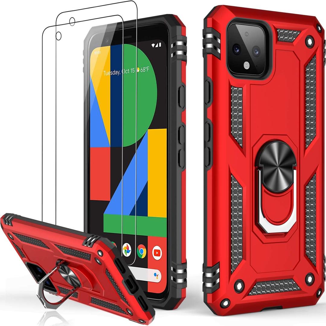 LUMARKE for Google Pixel 4 Case with Screen Protector,Pass 16ft. Drop Tested Military Grade Protective Phone Cover with Magnetic Ring Kickstand Compatible with Car Mount Holder Red