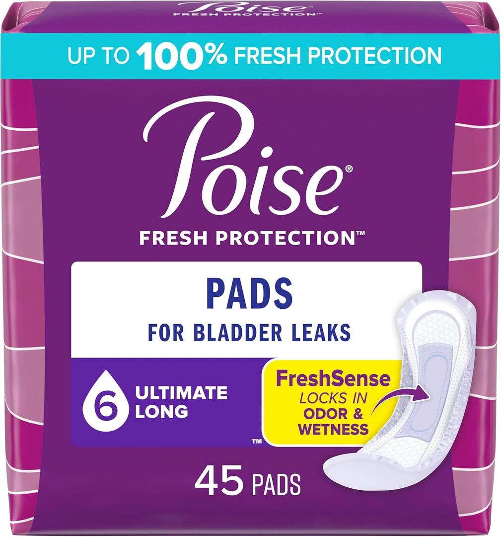 Poise Almohadillas de incontinencia y almohadillas de incontinencia posparto, 6 gotas de mxima absorcin, longitud larga, 45 unidades, el embalaje puede variar